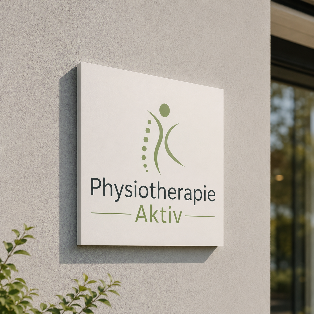 Quadratisches Praxisschild mit grünem stilisiertem Wirbelsäulen- und Personenlogo und Schriftzug "Physiotherapie Aktiv" an Hauswand