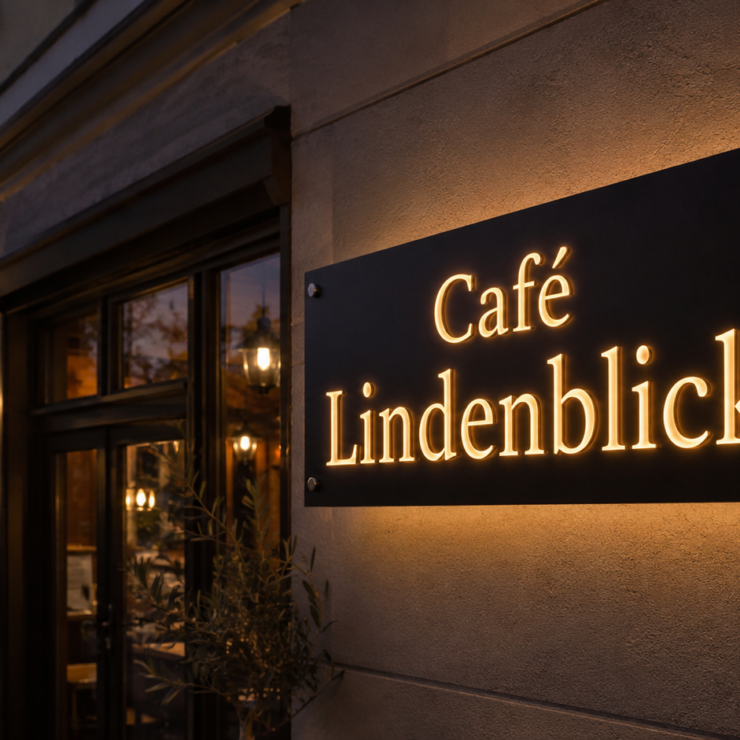 Leuchtendes Schild mit der Aufschrift "Café Lindenblick" an der Fassade eines gemütlich beleuchteten Cafés bei Sonnenuntergang.