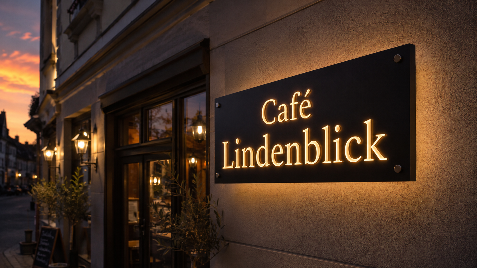 Leuchtendes Schild mit der Aufschrift "Café Lindenblick" an der Fassade eines gemütlich beleuchteten Cafés bei Sonnenuntergang.