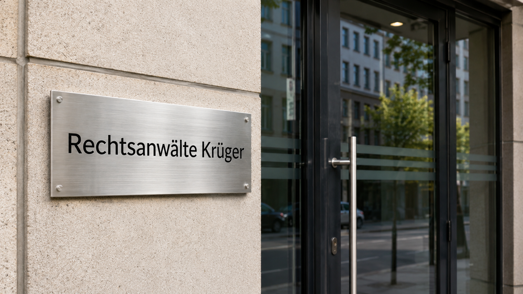 Metallschild an einer Gebäudewand mit der Aufschrift "Rechtsanwälte Krüger" neben einer Glashaustür.