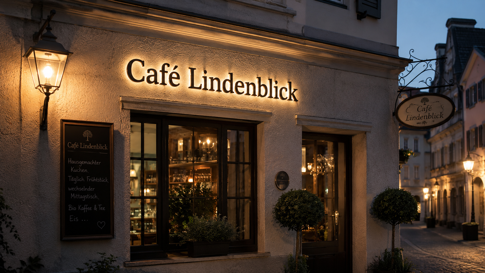 Abendliche Fassade des gemütlichen Café Lindenblick mit leuchtendem Schild, Fenster mit warmem Innenlicht und beschilderter Tafel neben der Tür.