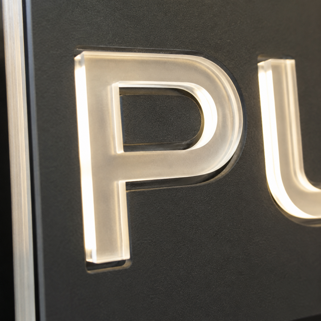 Detailaufnahme eines leuchtenden, halbdurchsichtigen Buchstabens "P" aus Acryl auf dunklem Hintergrund.