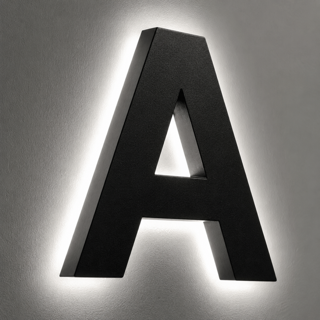 Großer schwarzer 3D-Buchstabe A an heller Wand mit hellem Rücklichtschein.