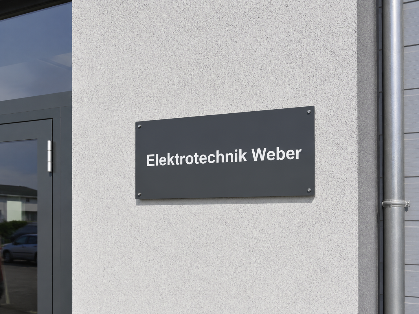 Schild mit weißer Schrift "Elektrotechnik Weber" an dunkler Platte an Außenwand neben Eingangstür.
