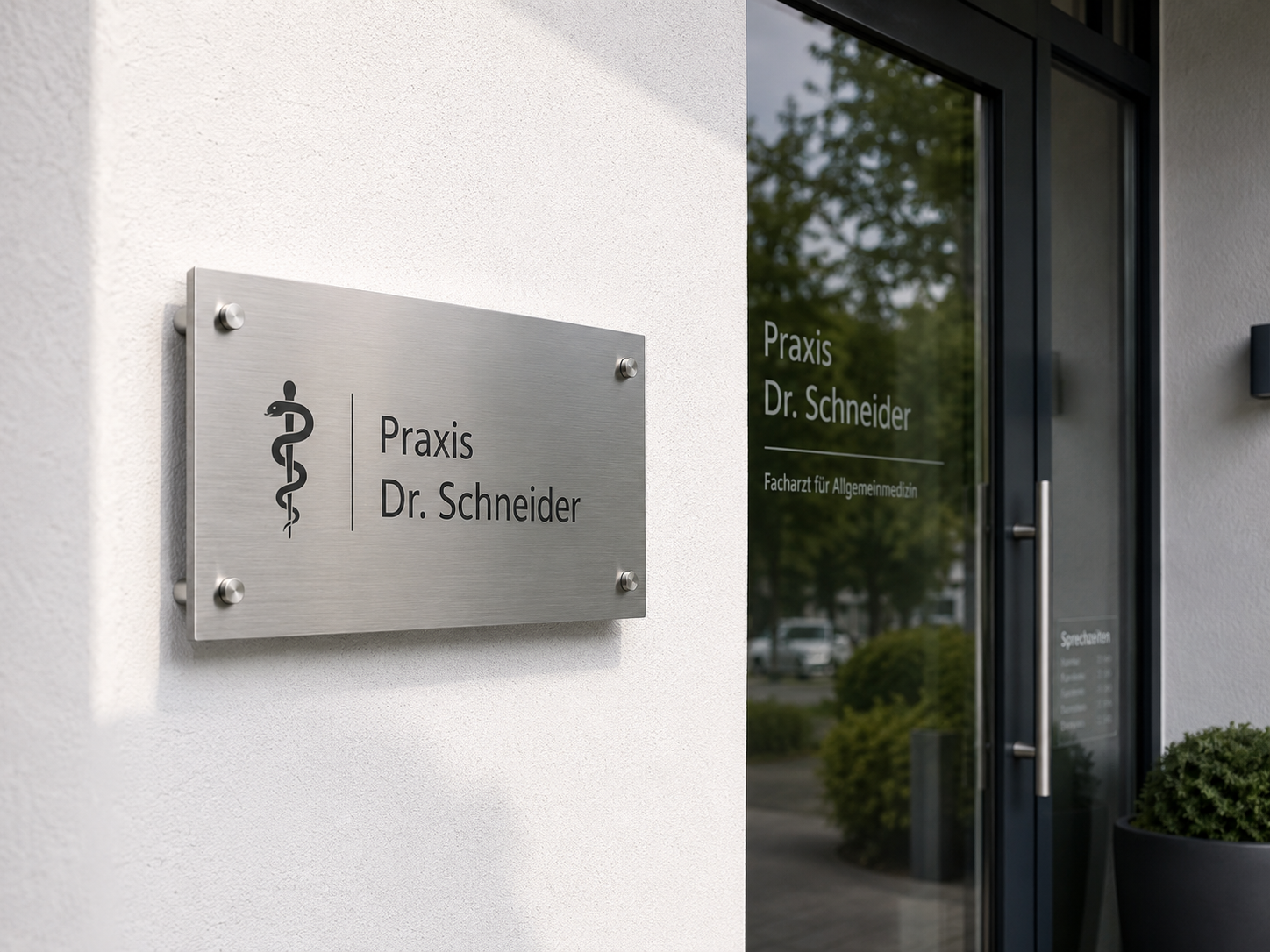Metallschild an Praxisfassade mit Äskulapstab und der Aufschrift "Praxis Dr. Schneider" neben Glastür mit Praxis-Infos.