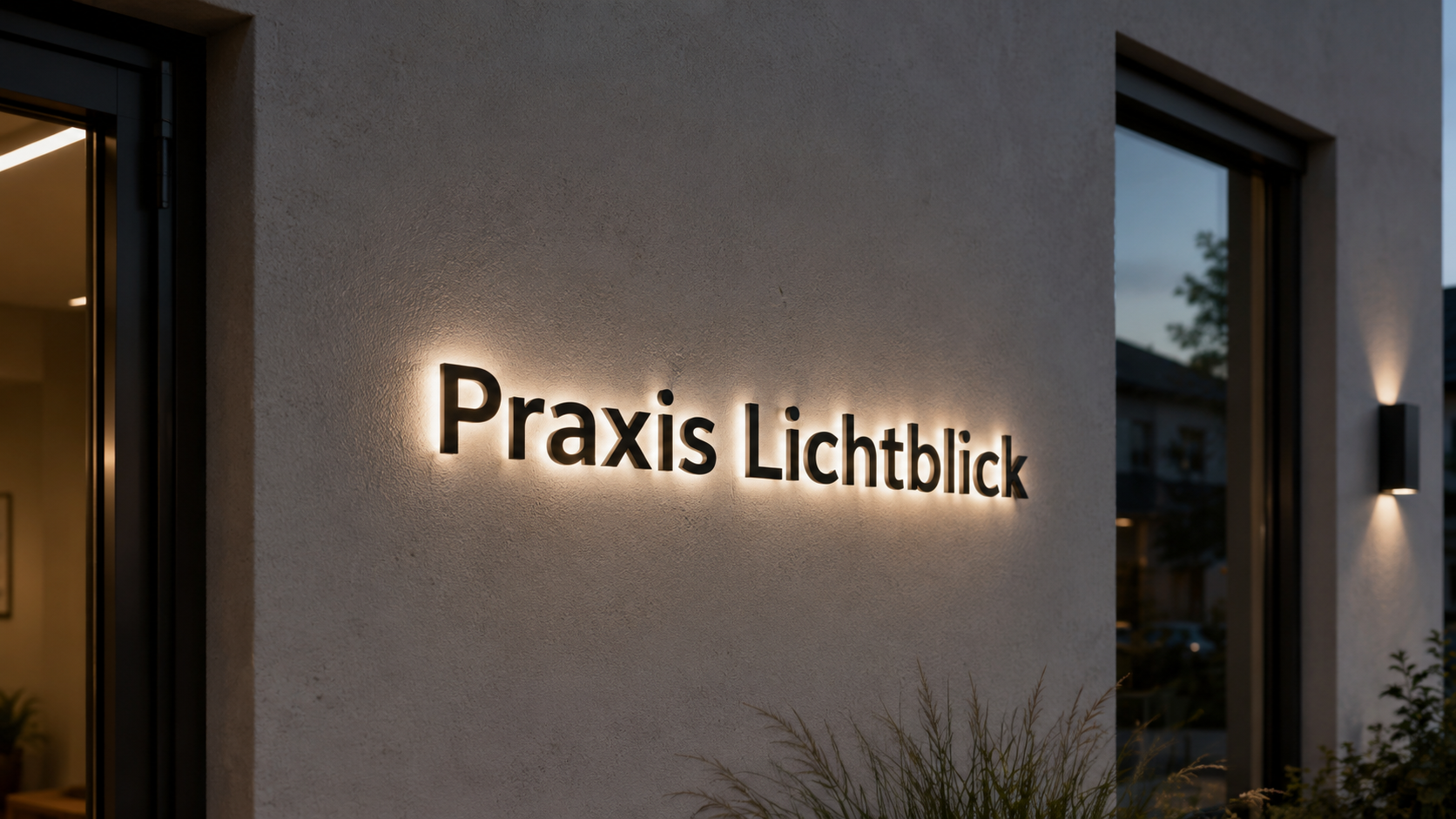 Leuchtende schwarze Buchstaben "Praxis Lichtblick" an einer Außenwand, warm hinterleuchtet bei Dämmerung.