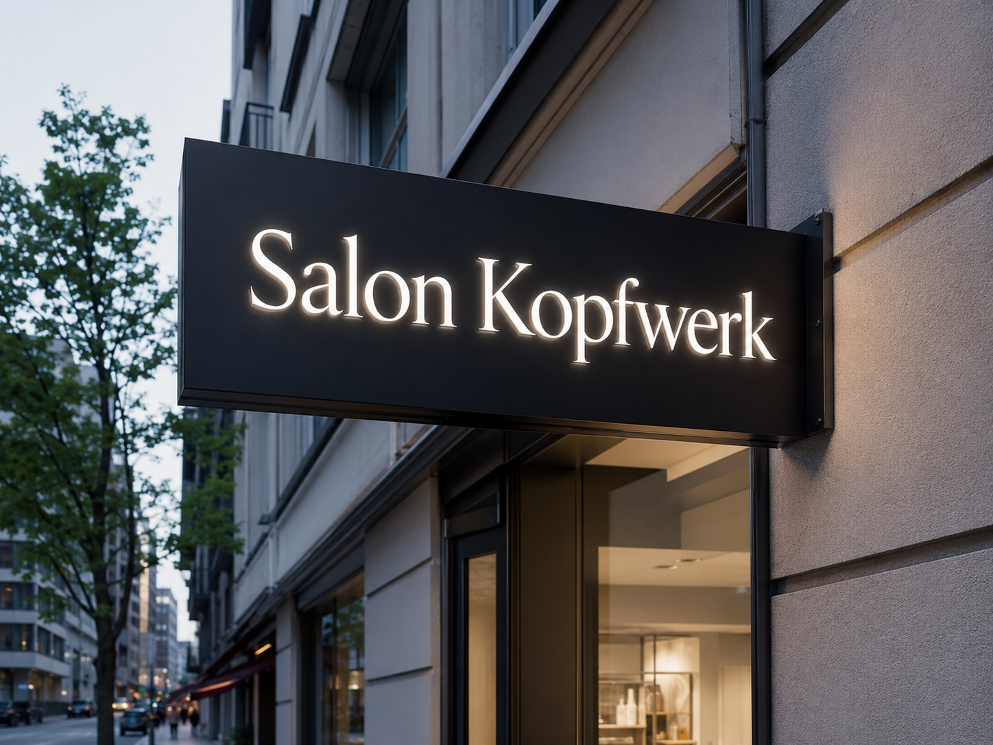 Schwarzes Leuchtschild mit weißer Schrift "Salon Kopfwerk" an der Fassade eines Stadthauses, Abendstimmung.