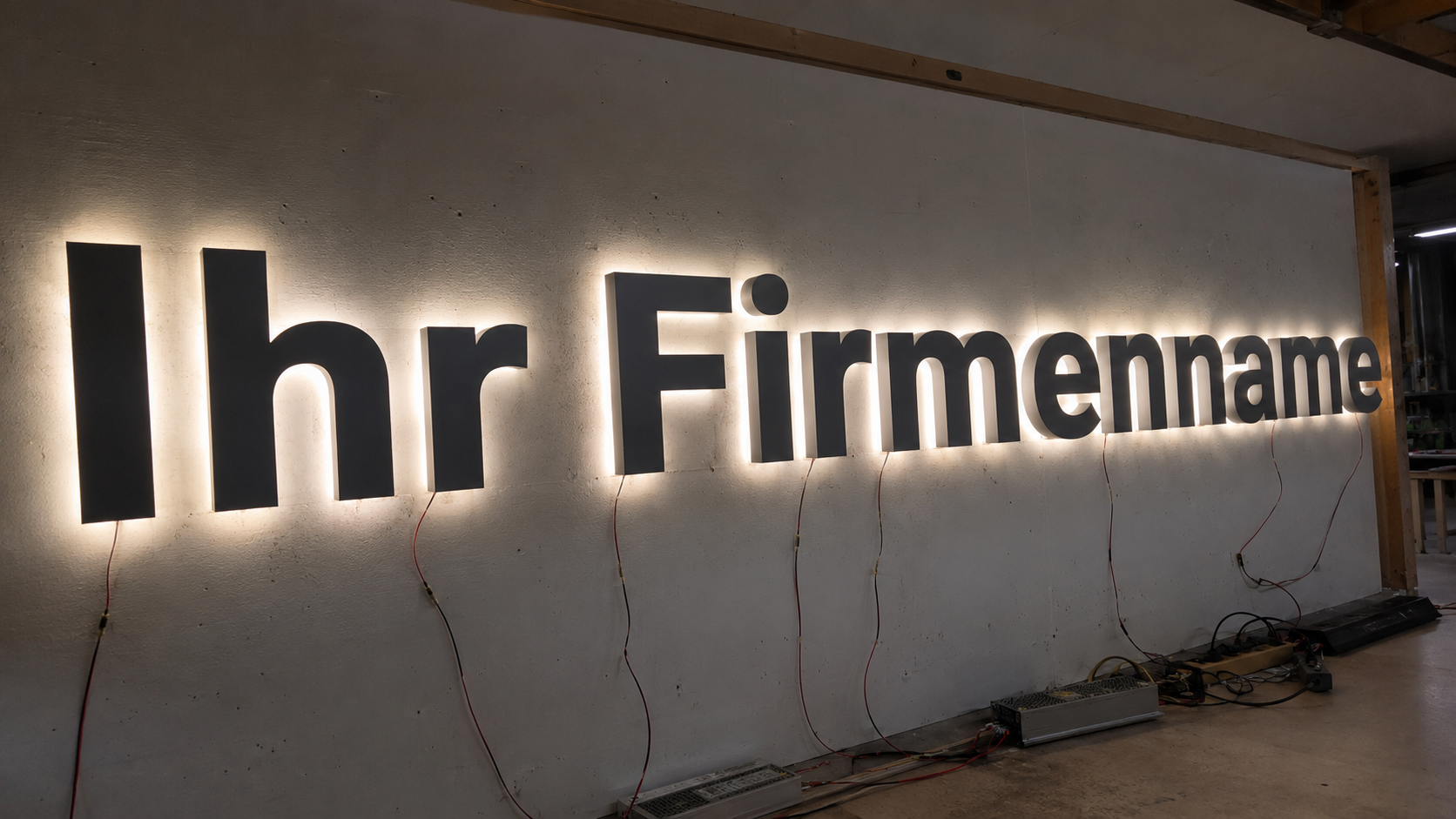 Leuchtende Rückleuchtschrift "Ihr Firmenname" aus dunklen 3D-Buchstaben an einer Werkstattwand, sichtbare Stromkabel und Netzgeräte.