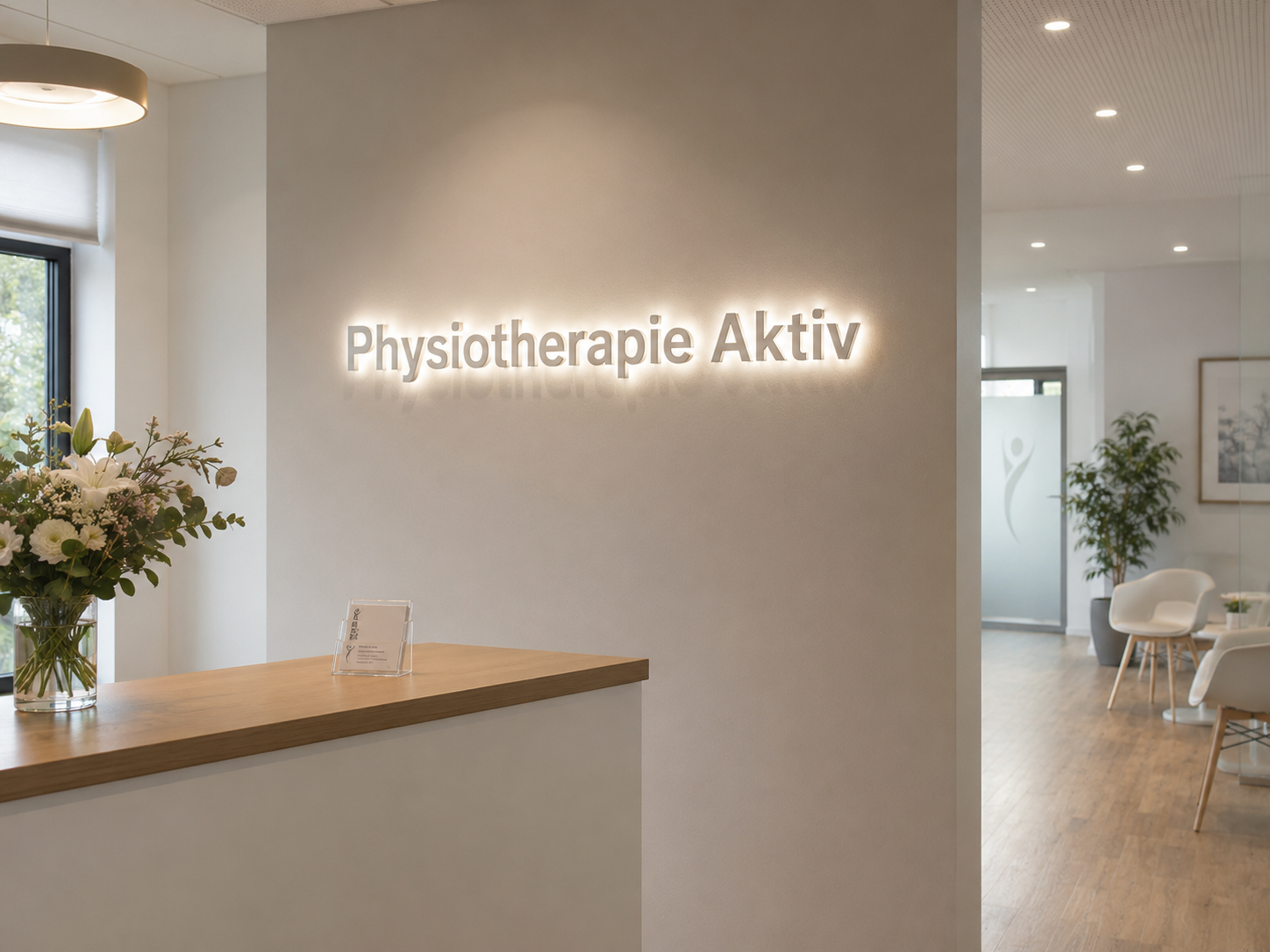 Empfangsbereich einer Praxis mit beleuchtetem Schriftzug "Physiotherapie Aktiv", Tresen mit Blumenarrangement und wartendem Sitzbereich im Hintergrund.