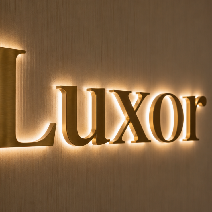 Goldene, beleuchtete Schriftzüge an einer Wand, die das Wort "Luxor" bilden, rechts Orchideen in einem Topf sichtbar.