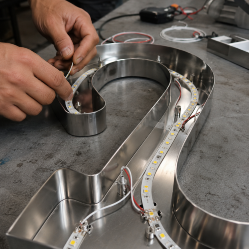 Hände, die LED-Band in ein gebogenes Edelstahlgehäuse für eine Leuchtschrift montieren, mit sichtbaren Kabeln und Befestigungen.