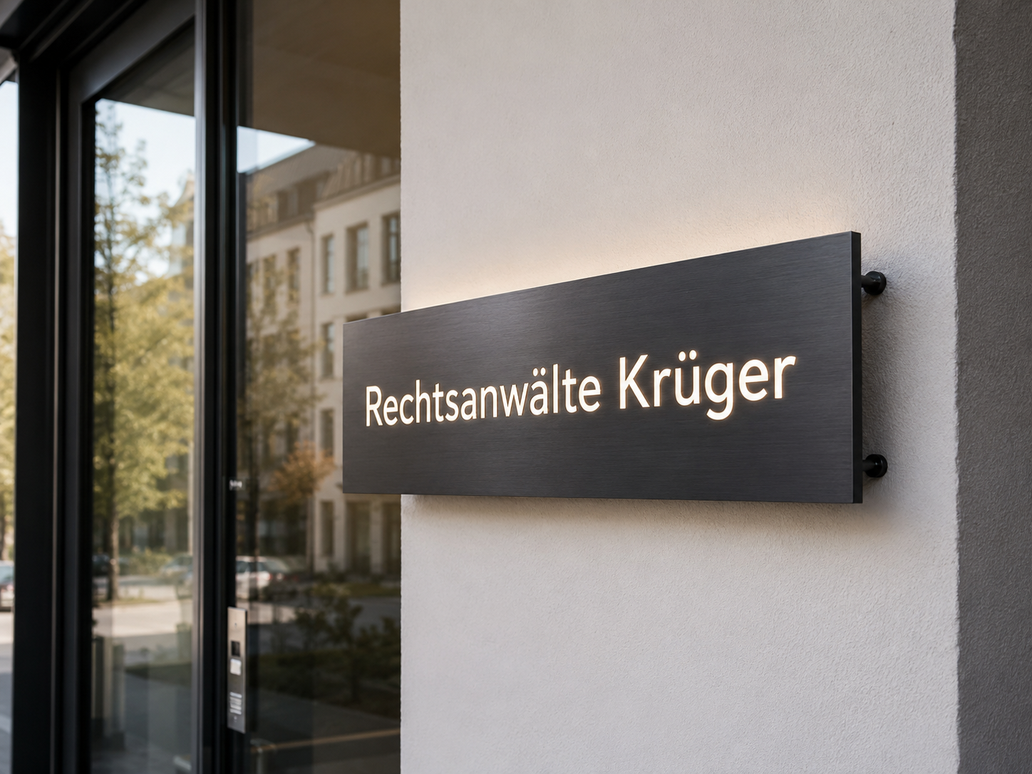 Leuchtschild an Außenwand mit Schrift Rechtsanwälte Krüger, schwarzes Metallplättchen neben Glas-Eingang in Stadtumgebung