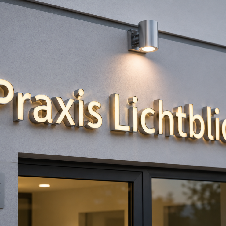 Praxis-Schild "Praxis Lichtblick" in leuchtenden Metallbuchstaben an moderner Gebäudeaußenwand, darüber eine Wandlampe und Eingangstür unten rechts.