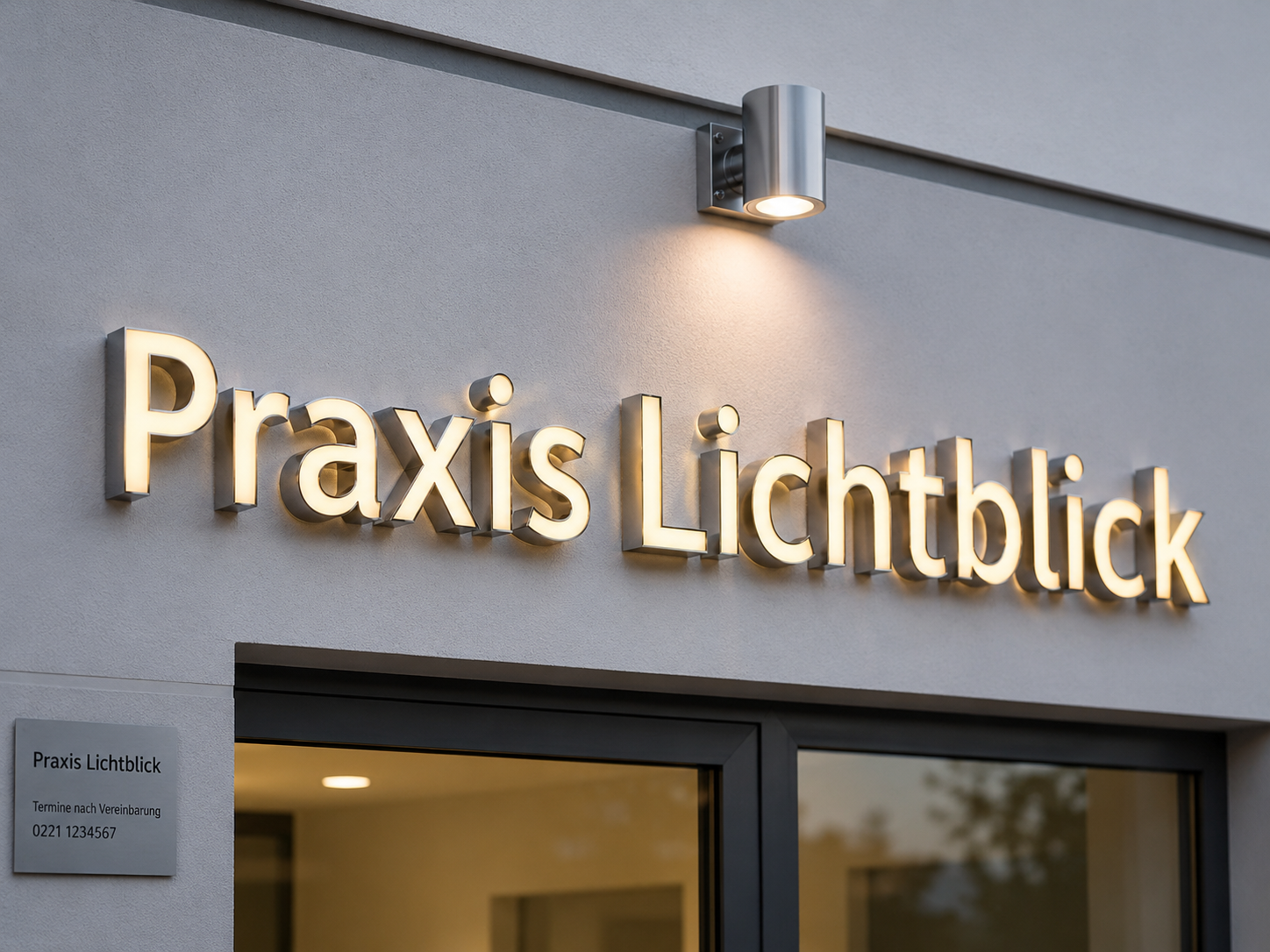 Praxis-Schild "Praxis Lichtblick" in leuchtenden Metallbuchstaben an moderner Gebäudeaußenwand, darüber eine Wandlampe und Eingangstür unten rechts.