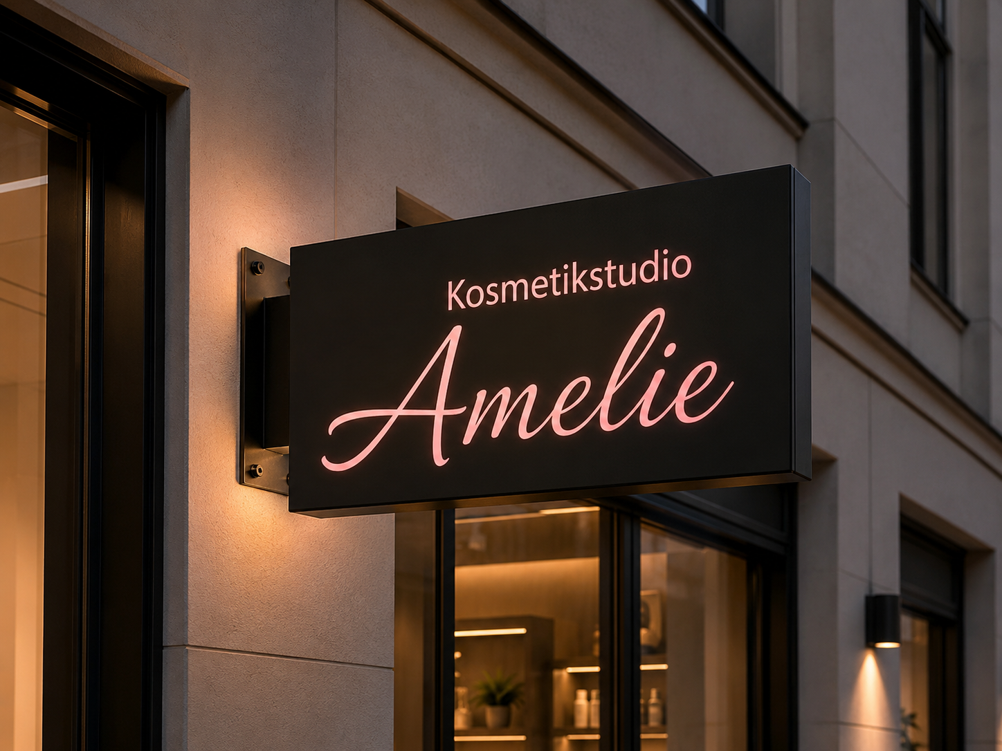Schwarzes Leuchtschild an einer Ladenfassade mit rosa, leuchtender Schrift "Kosmetikstudio Amelie".