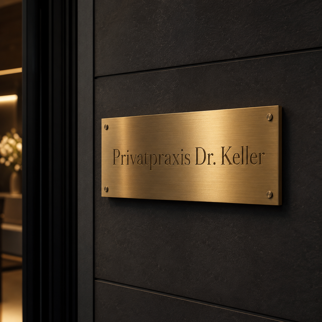 Messing-Schild an dunkler Wand mit Gravur "Privatpraxis Dr. Keller" neben einem Eingang, elegante Innenbeleuchtung sichtbar.