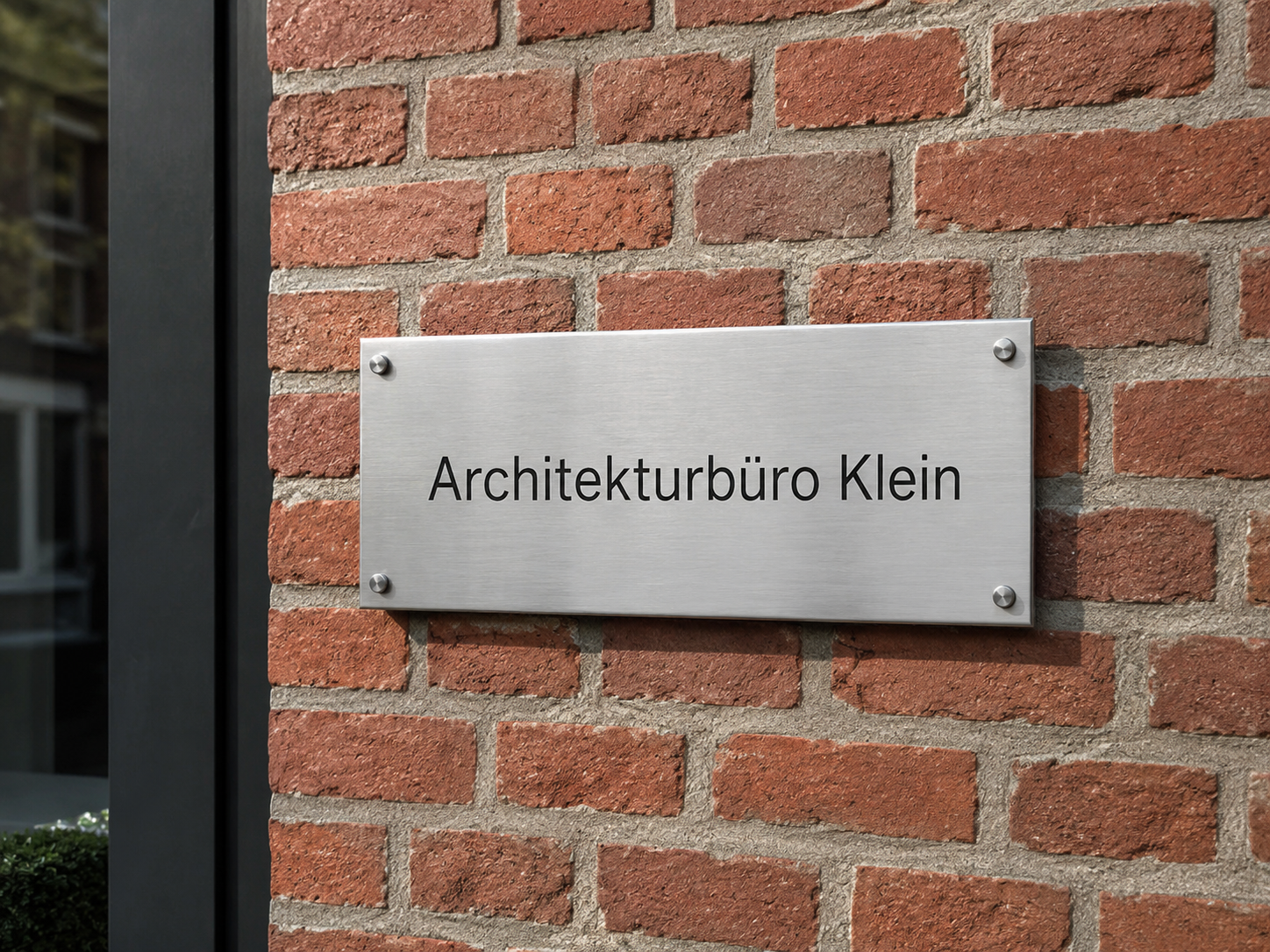 Metallschild mit der Aufschrift "Architekturbüro Klein" an einer roten Backsteinwand befestigt.