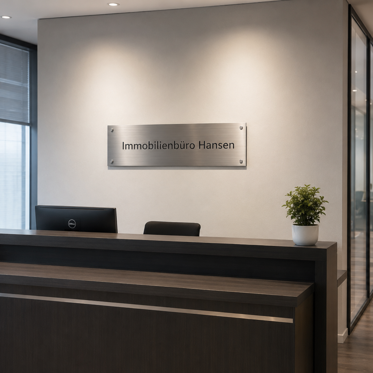 Rezeption eines modernen Büros mit dunkelbraunem Empfangstresen, Metall-Schild „Immobilienbüro Hansen“ an der Wand und Pflanzen.
