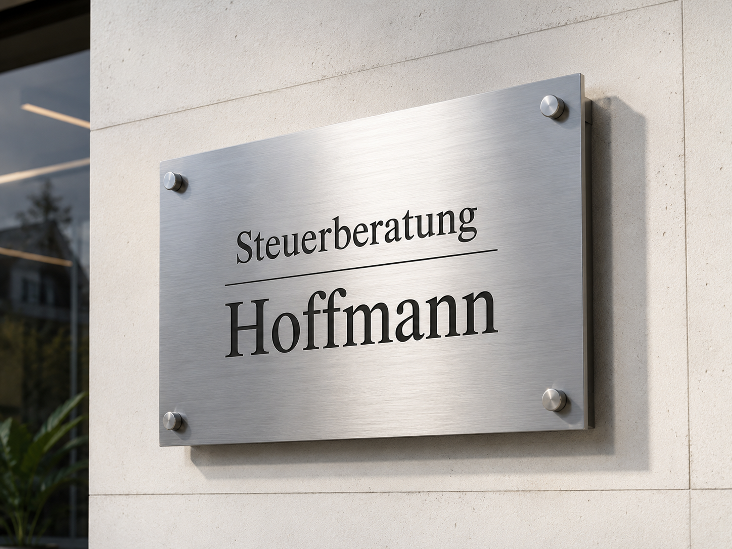 Metalltafel an Fassadenwand mit der Aufschrift "Steuerberatung" und großem Namen "Hoffmann".