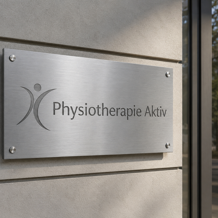 Edelstahl-Schild an Gebäude mit Logo und der Aufschrift "Physiotherapie Aktiv".