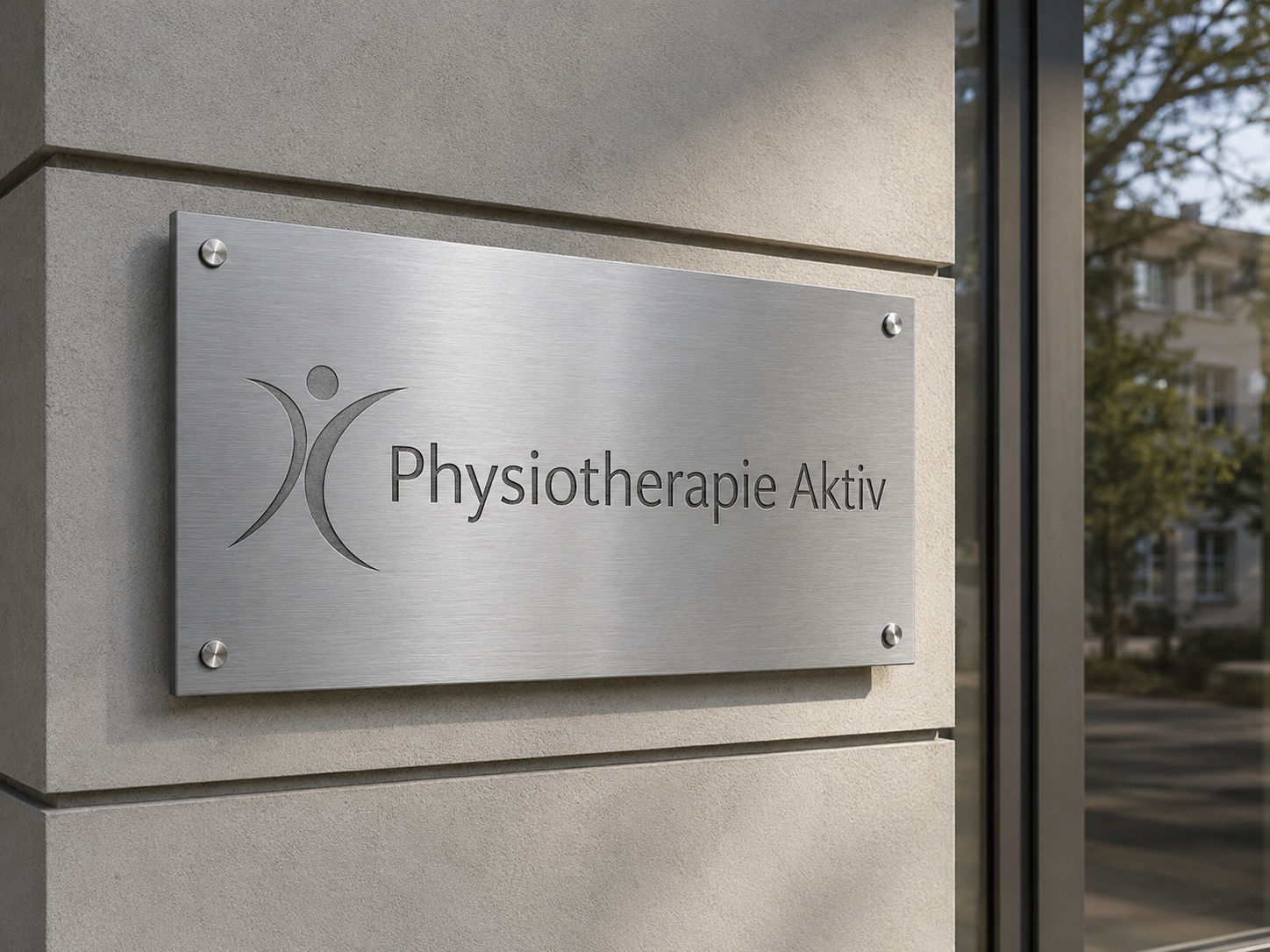 Edelstahl-Schild an Gebäude mit Logo und der Aufschrift "Physiotherapie Aktiv".