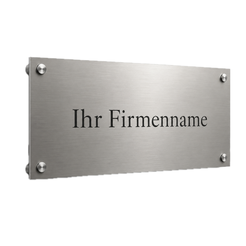Edelstahl-Türschild mit vier Befestigungsschrauben und eingraviertem Text "Ihr Firmenname"