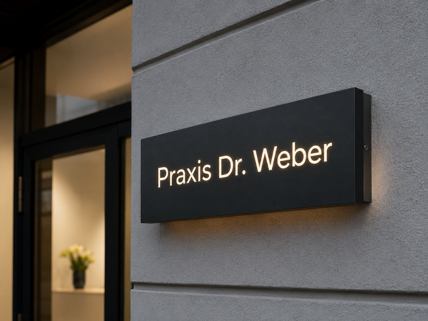 Leuchtendes Praxisschild an Außenwand mit Aufschrift „Praxis Dr. Weber“ neben Eingangstür, warmes Innenlicht sichtbar