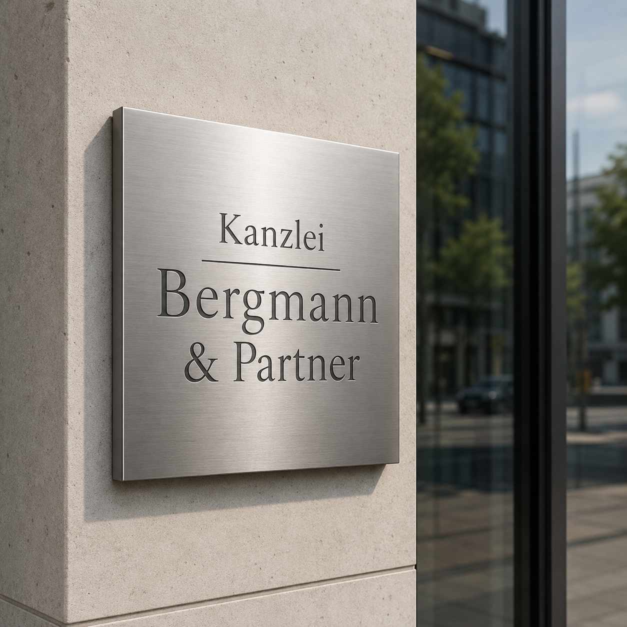 Gebürstetes Metall‑Schild an Gebäudewand mit der Beschriftung "Kanzlei Bergmann & Partner"