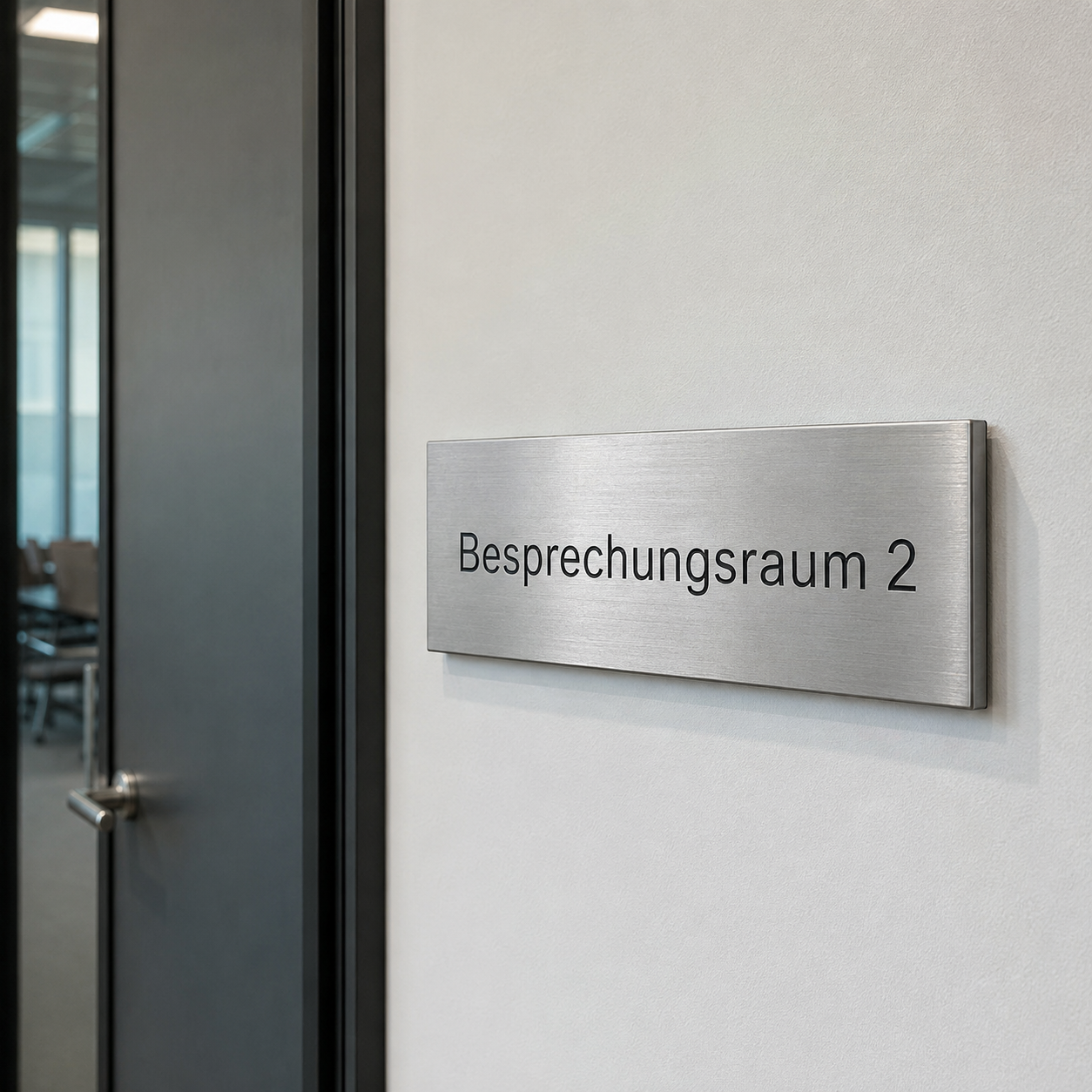 Metallschild an Bürowand mit der Aufschrift „Besprechungsraum 2“ neben einer geschlossenen Glastür