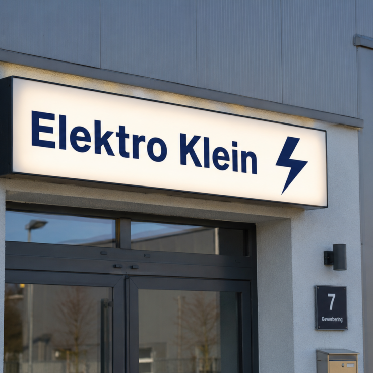 Leuchtendes Firmenschild „Elektro Klein“ mit Blitzsymbol über dem Eingang eines hellen Gewerbegebäudes, Hausnummer 7 sichtbar.