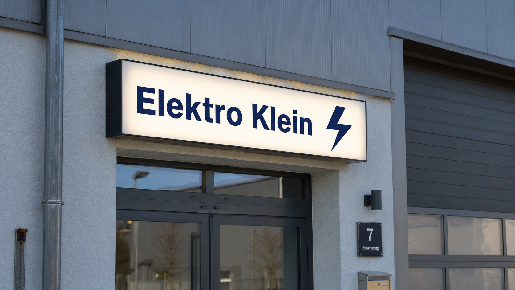 Leuchtendes Firmenschild „Elektro Klein“ mit Blitzsymbol über dem Eingang eines hellen Gewerbegebäudes, Hausnummer 7 sichtbar.
