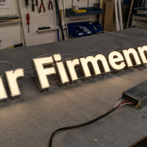 Leuchtende Einzelbuchstaben auf Werkbank, die "Ihr Firmenname" bilden, mit Netzteil und Kabeln in einer Werkstattumgebung