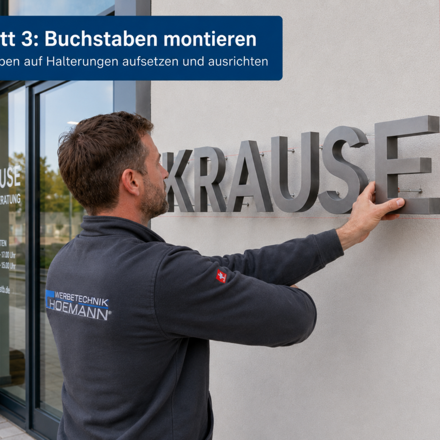 Mann montiert große Metallbuchstaben "KRAUSE" an Außenwand, mit Nivellierfäden und Halterungen sichtbar.