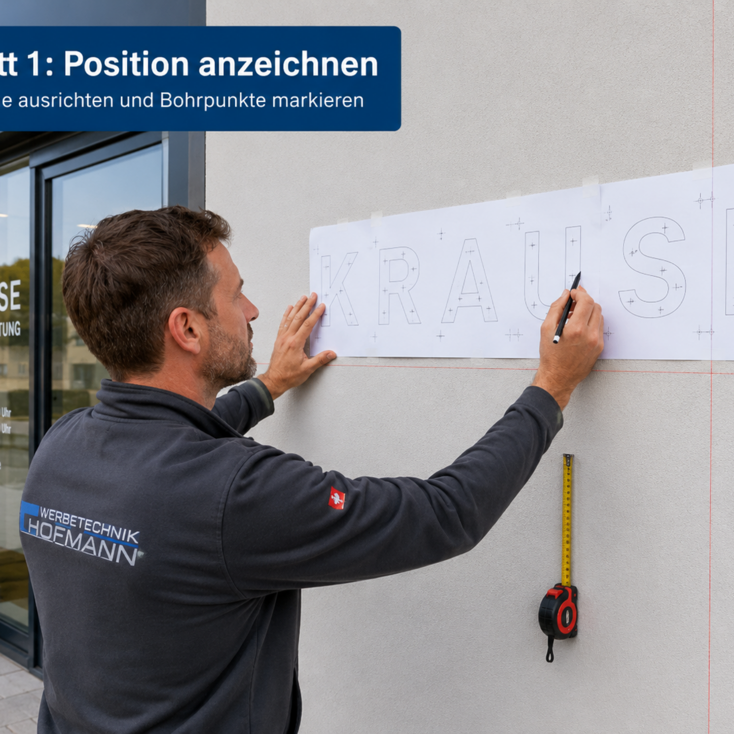 Handwerker befestigt Schablone mit Buchstaben "KRAUSE" an Hauswand und markiert Bohrpunkte mit Stift; Zollstock hängt an Wand.