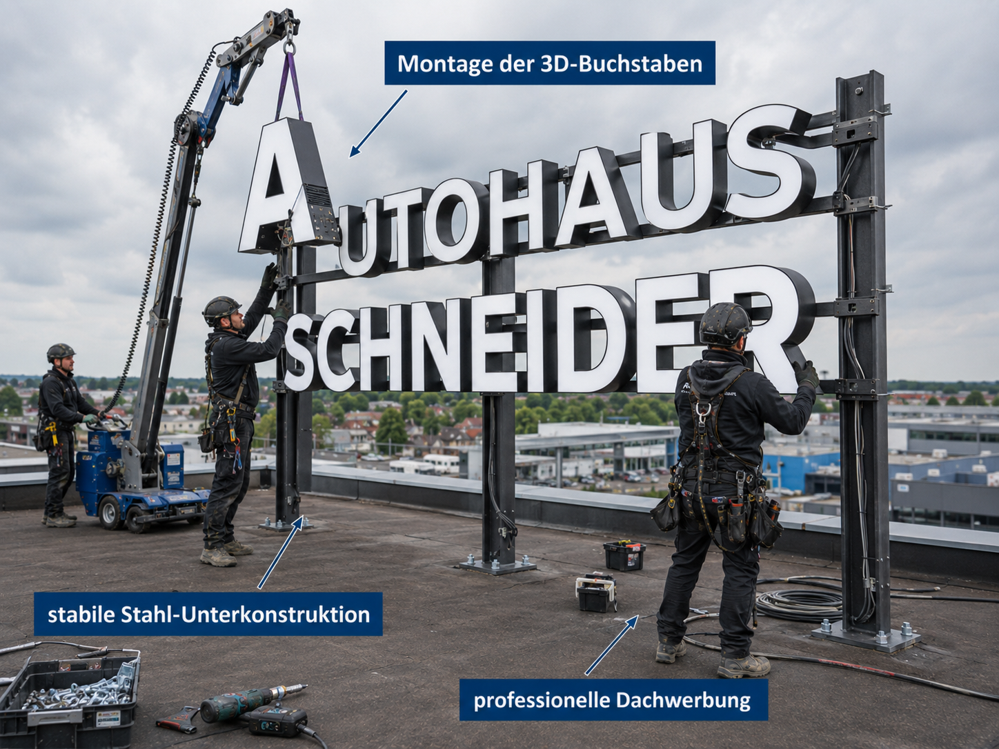 Arbeiter montieren große 3D-Buchstaben „AUTOHAUS SCHNEIDER“ auf einem Dach mit Kran und Stahlkonstruktion
