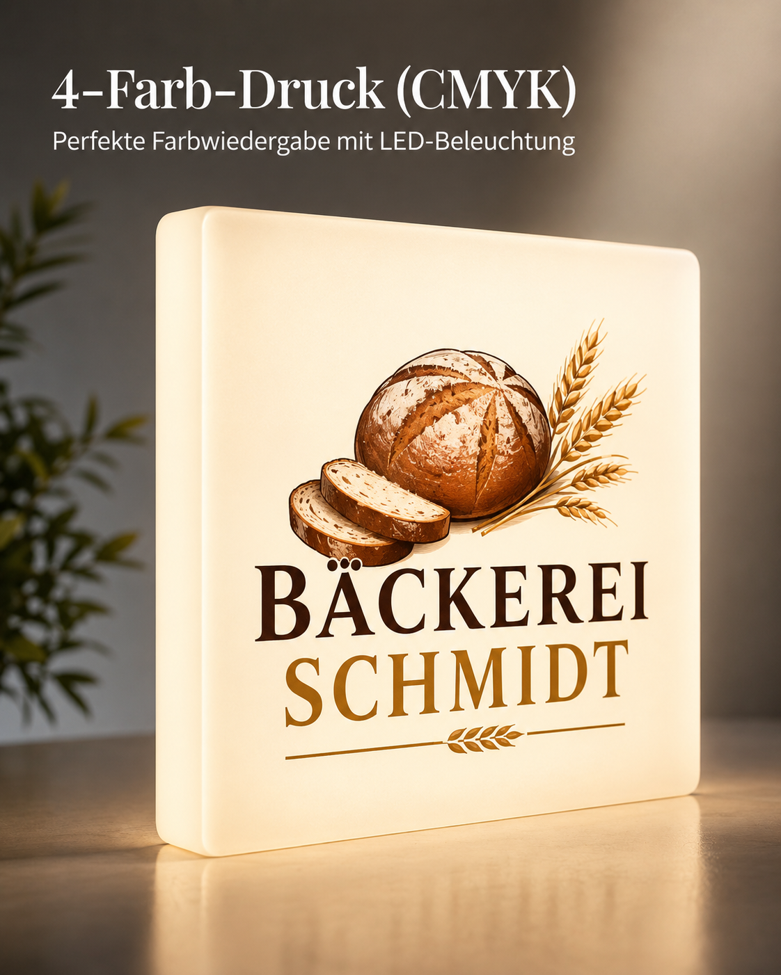 Leuchtendes Schild mit Brotillustration und Text „BÄCKEREI SCHMIDT“, warm beleuchtetes LED-Panel, Getreideähren als Dekor.
