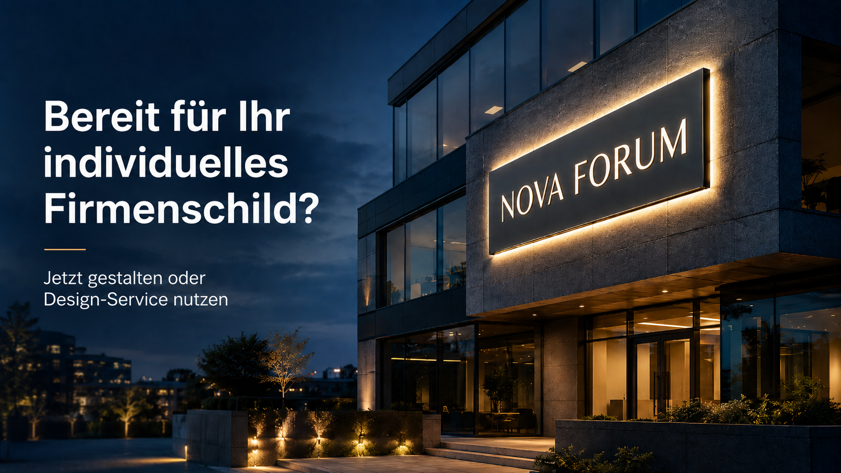 Dunkles Bürogebäude bei Abenddämmerung mit beleuchtetem Firmenschild "NOVA FORUM" rechts und großflächigem Werbetext auf Deutsch links, der individuelles Firmenschild anbietet.