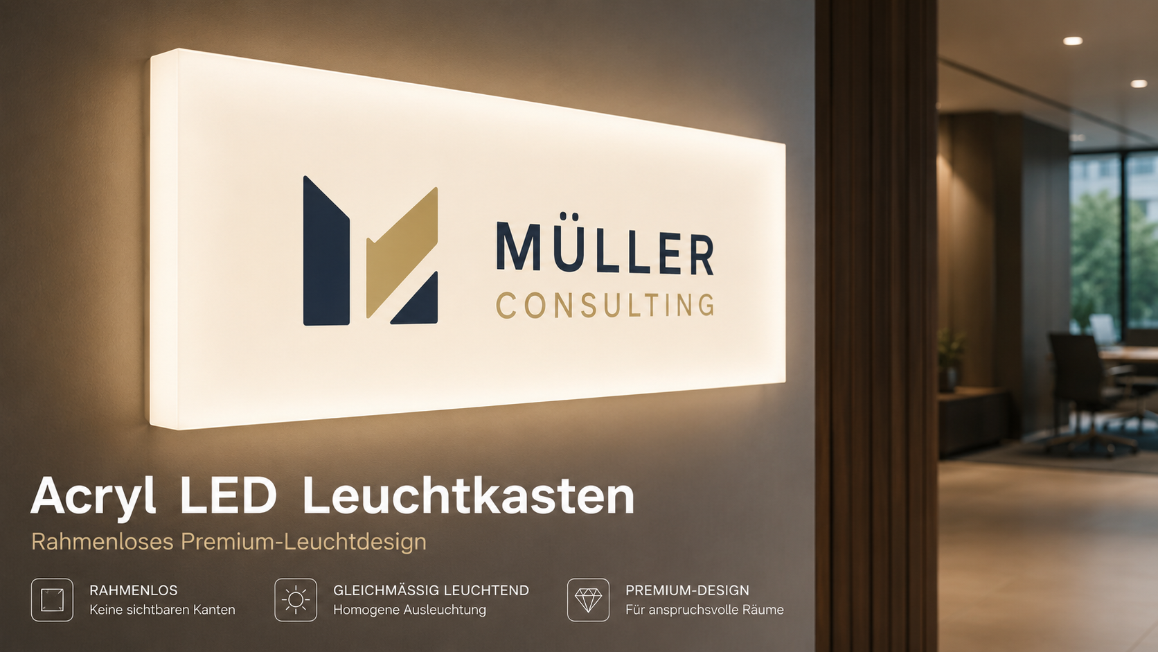 Leuchtendes, rahmenloses Acryl-LED-Schild mit Logo und Schriftzug "Müller Consulting" an einer Bürowand, modernes Empfangsambiente.