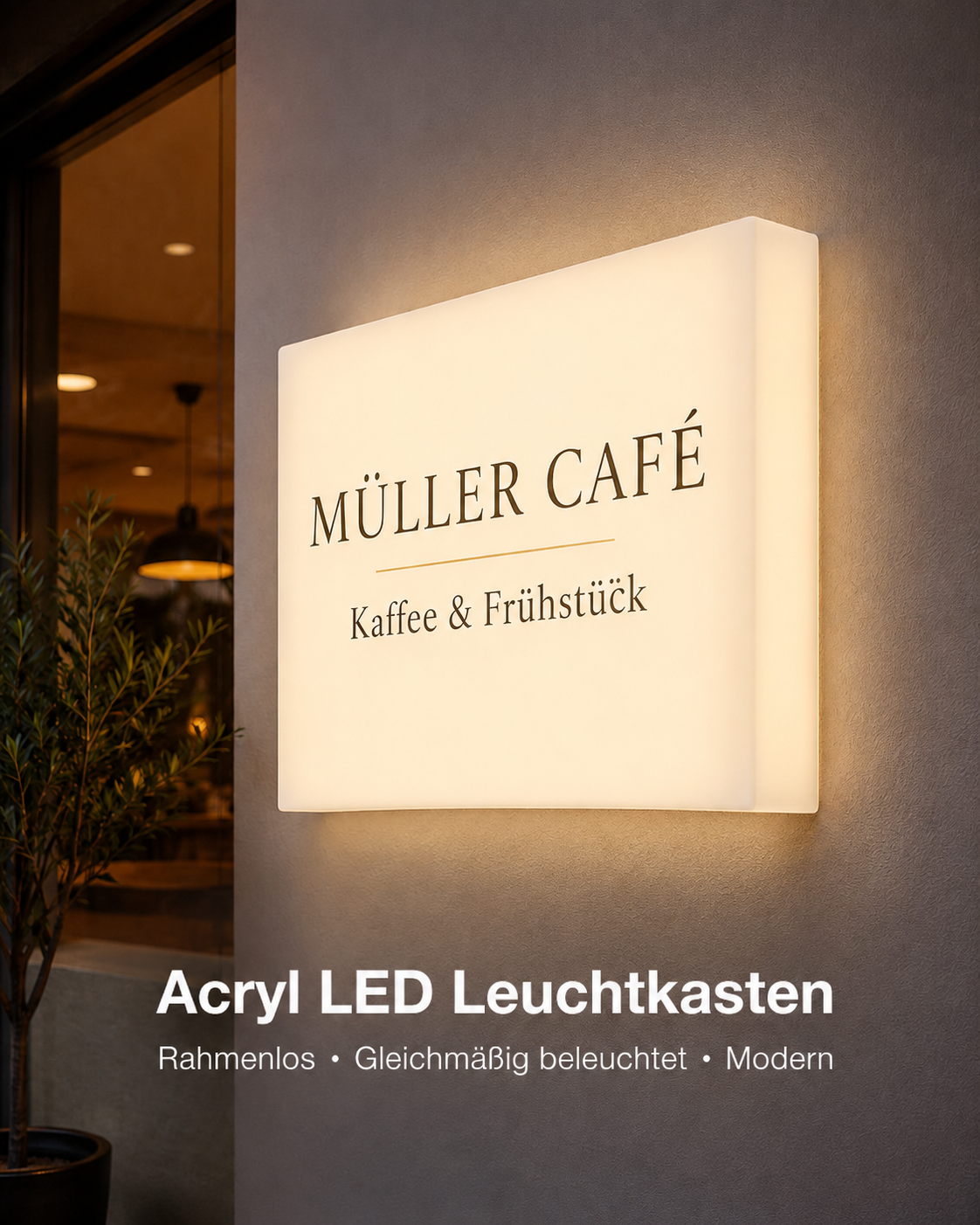 Beleuchtetes rechteckiges Acryl-LED-Schild an Hauswand mit Aufschrift „Müller Café – Kaffee & Frühstück“, warmes Innenlicht und Pflanze am Eingang