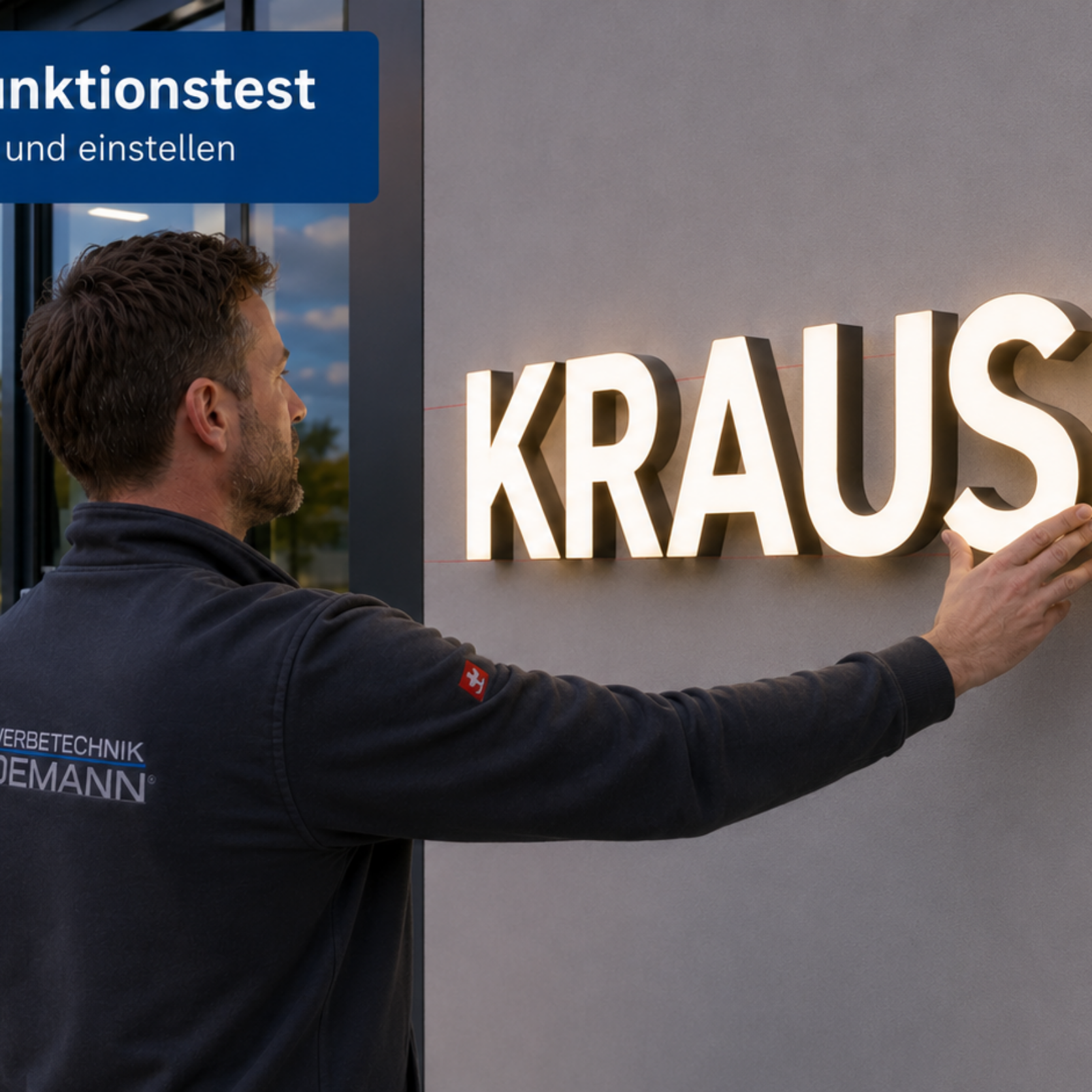 Techniker prüft abends die beleuchteten Einzelbuchstaben „KRAUSE“ an einer Außenfassade und justiert die Beleuchtung