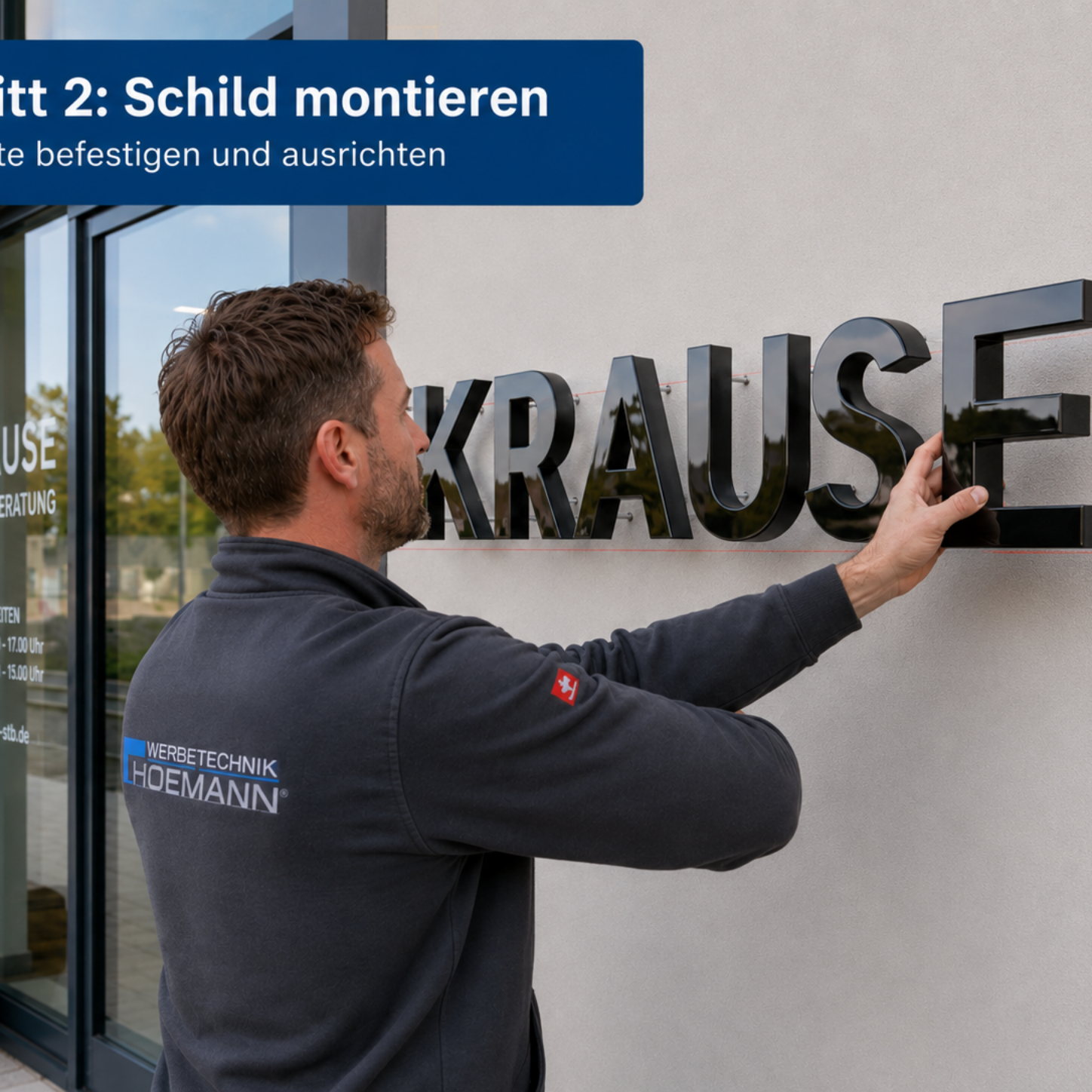Handwerker montiert glänzende schwarze Fassadenbuchstaben "KRAUSE" und richtet sie an roten Laserlinien aus.