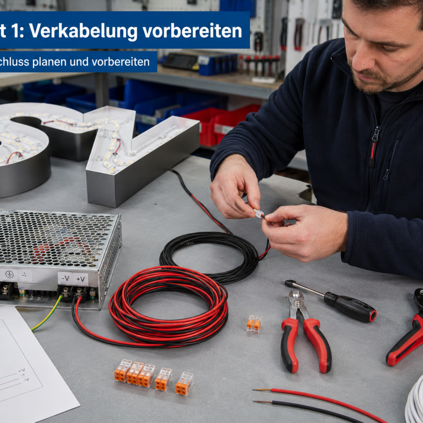 Mann an Arbeitsbank verbindet LED-Schriftzugkabel mit Netzteil; auf Tisch Werkzeug, Kabelrollen, Klemmen und Plan sichtbar.