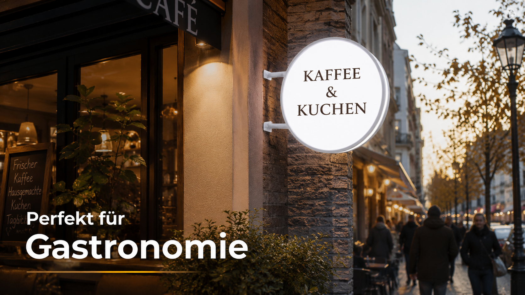 Straßenszene vor einem Café mit rundem Leuchtschild „Kaffee & Kuchen“, Schaufenster mit Pflanzen und Fußgänger bei Dämmerung.