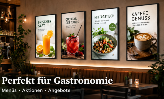 Gemütliches Caféinnenbild mit vier beleuchteten Werbepostern für Saft, Cocktail, Mittagsgericht und Kaffee über einer Sitzbank und Tischen.