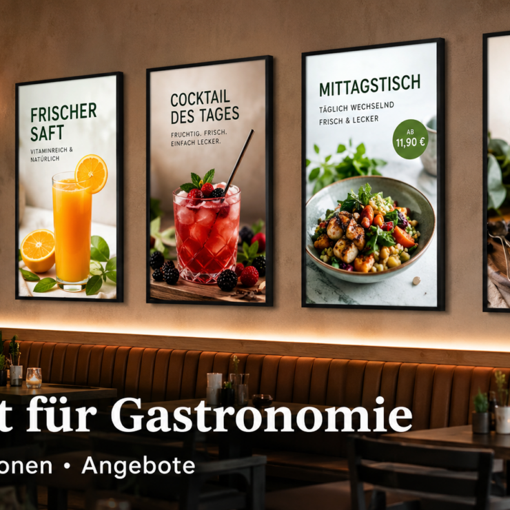 Gemütliches Caféinnenbild mit vier beleuchteten Werbepostern für Saft, Cocktail, Mittagsgericht und Kaffee über einer Sitzbank und Tischen.