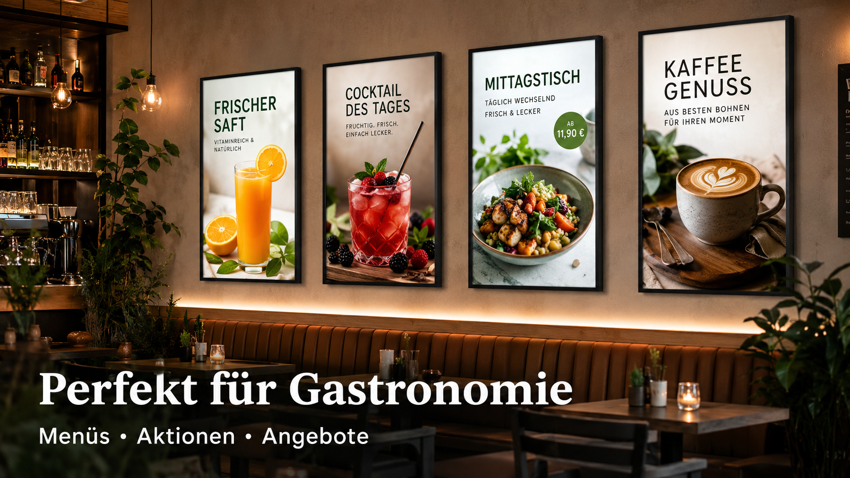 Gemütliches Caféinnenbild mit vier beleuchteten Werbepostern für Saft, Cocktail, Mittagsgericht und Kaffee über einer Sitzbank und Tischen.