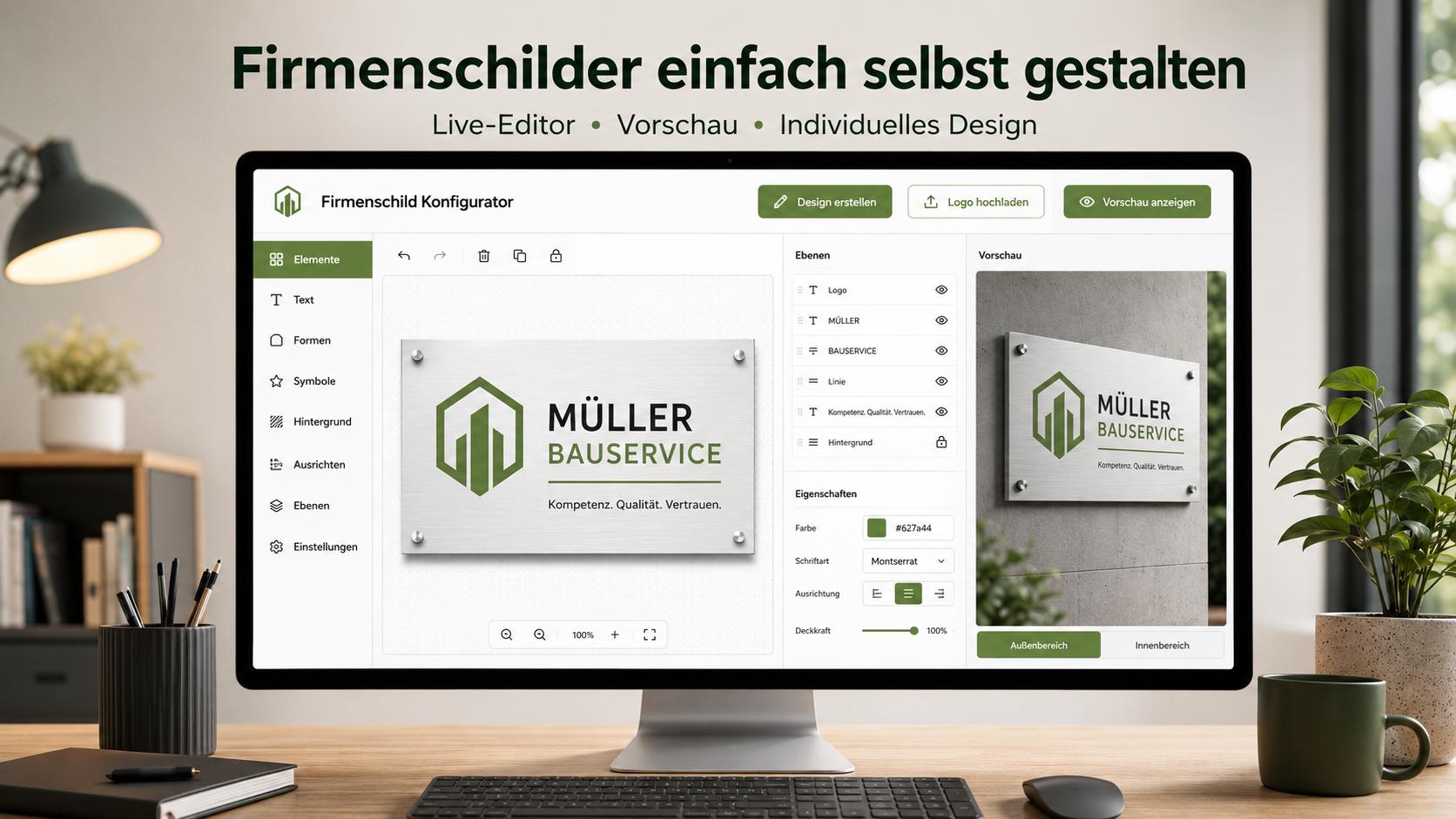 Computerbildschirm mit geöffnetem Firmenschild-Konfigurator, Anzeige eines grünen Logos und Schriftzugs "MÜLLER BAUSERVICE" sowie Vorschau eines Aluminiumschilds.