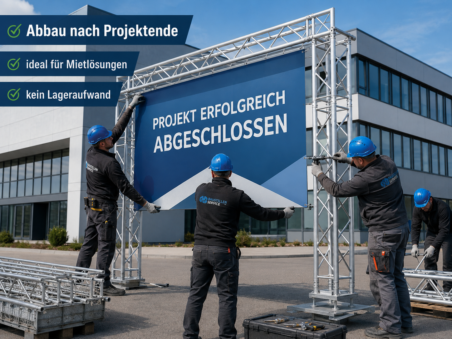 Vier Handwerker mit blauen Schutzhelmen bauen vor einem modernen Bürogebäude ein Metallgestell mit großem blauen Banner mit Text „PROJEKT ERFOLGREICH ABGESCHLOSSEN“.