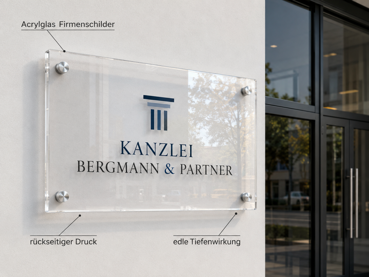 Transparentes Acrylglas-Firmenschild mit Kanzlei Bergmann & Partner an einer Gebäudefassade