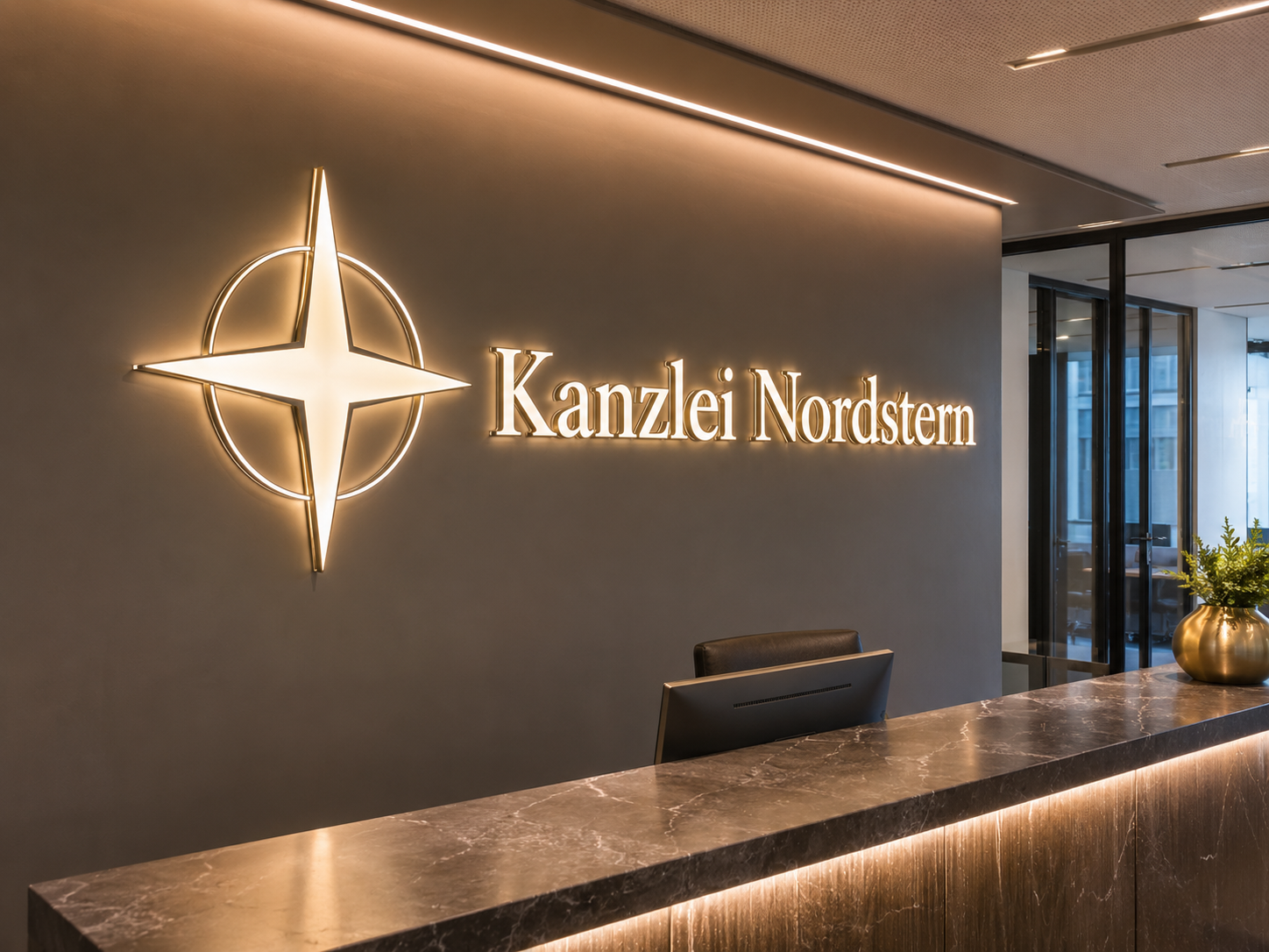 Elegante Empfangstheke vor dunkelwandiger Lobby mit beleuchtetem Logo und Schriftzug "Kanzlei Nordstern" und Gold-Vase mit Pflanze.